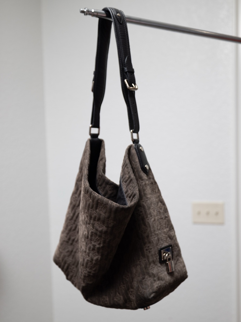 Louis Vuitton Suede Light Brown Tote with Black Leather Strap & Silver Hardware